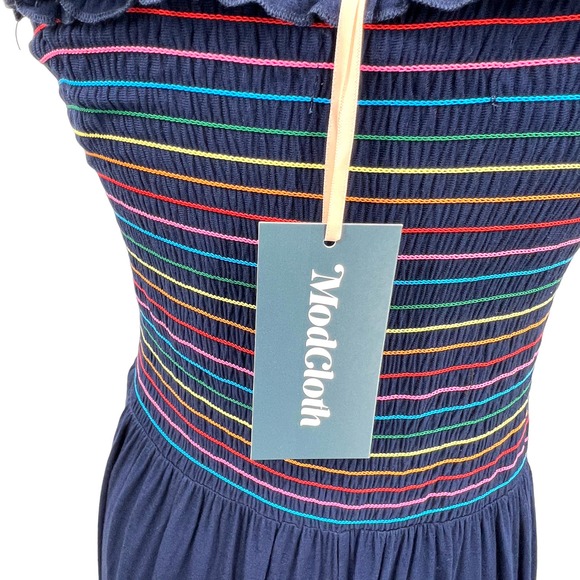New Modcloth Navy Knit Multicolor Smocked Rainbow Jumpsuite Large - Picture 5 of 8